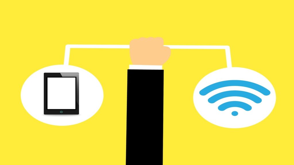 The Internet Changed. So Did Humanity. Illustration showing a Peron's hand holding a Wi-Fi and a mobile phone equally
